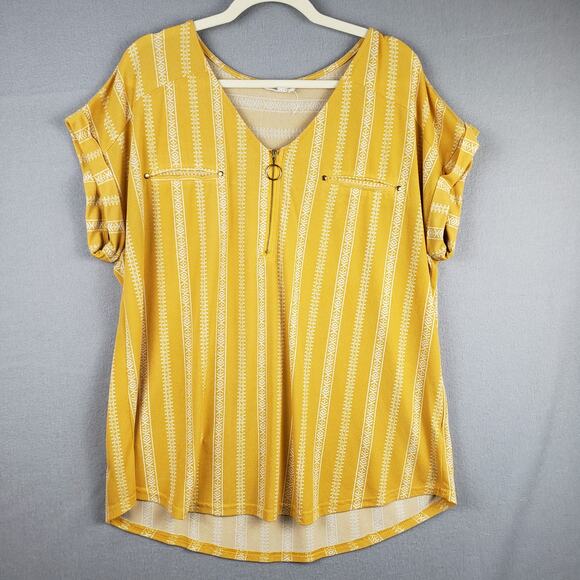 Flower & Feather Size 1XL Roll Sleeve Pullover Blouse Yellow Baja Stripe Boho - Picture 1 of 9